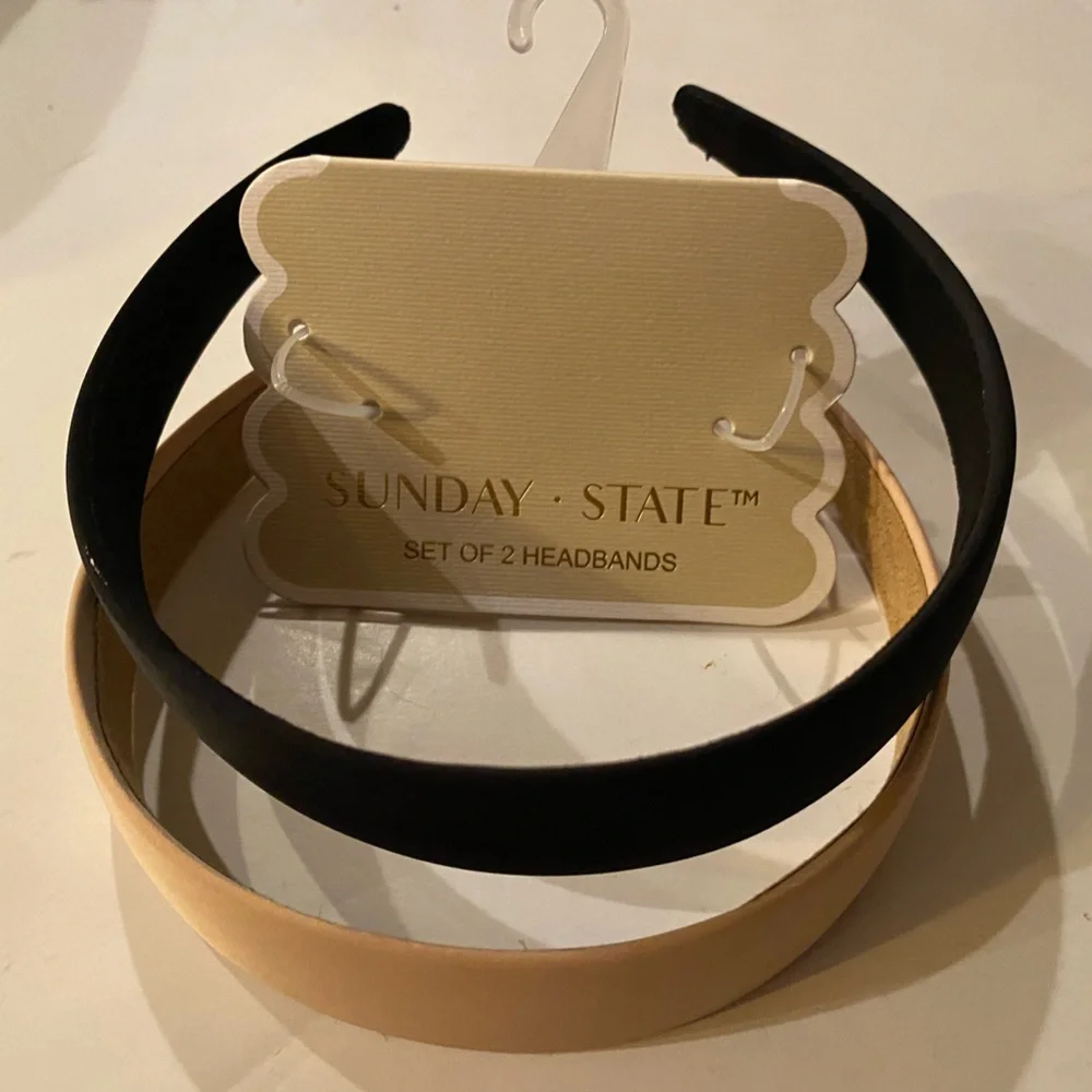 Sunday State Black + Beige tan satin covered headbands Hair Accessory Set Of 2